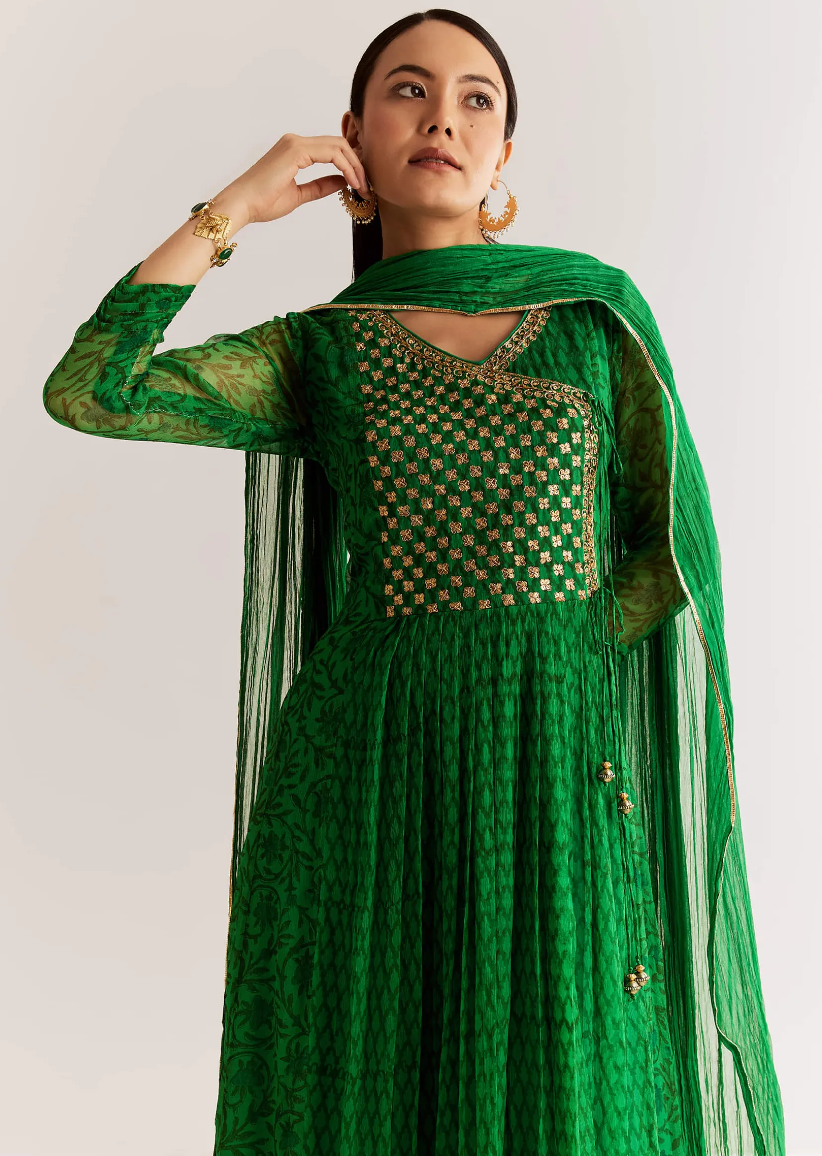 Dark Green Chiffon Angrakha Anarkali With Floral And Sequin Yoke