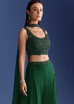 Dark Green Chinon Palazzo Set With Cutdana Croptop And Choker Dupatta
