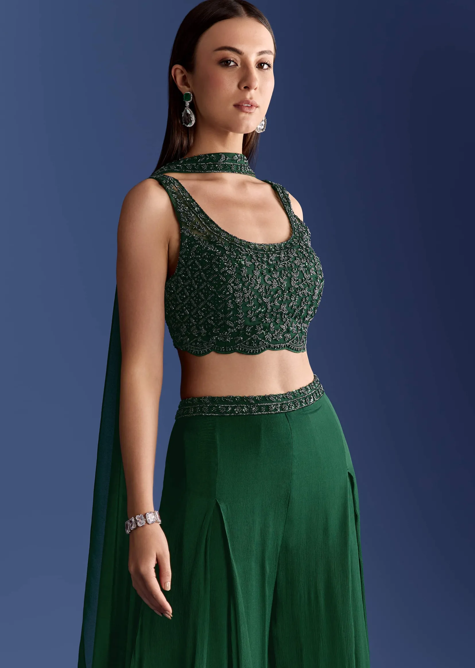 Dark Green Chinon Palazzo Set With Cutdana Croptop And Choker Dupatta