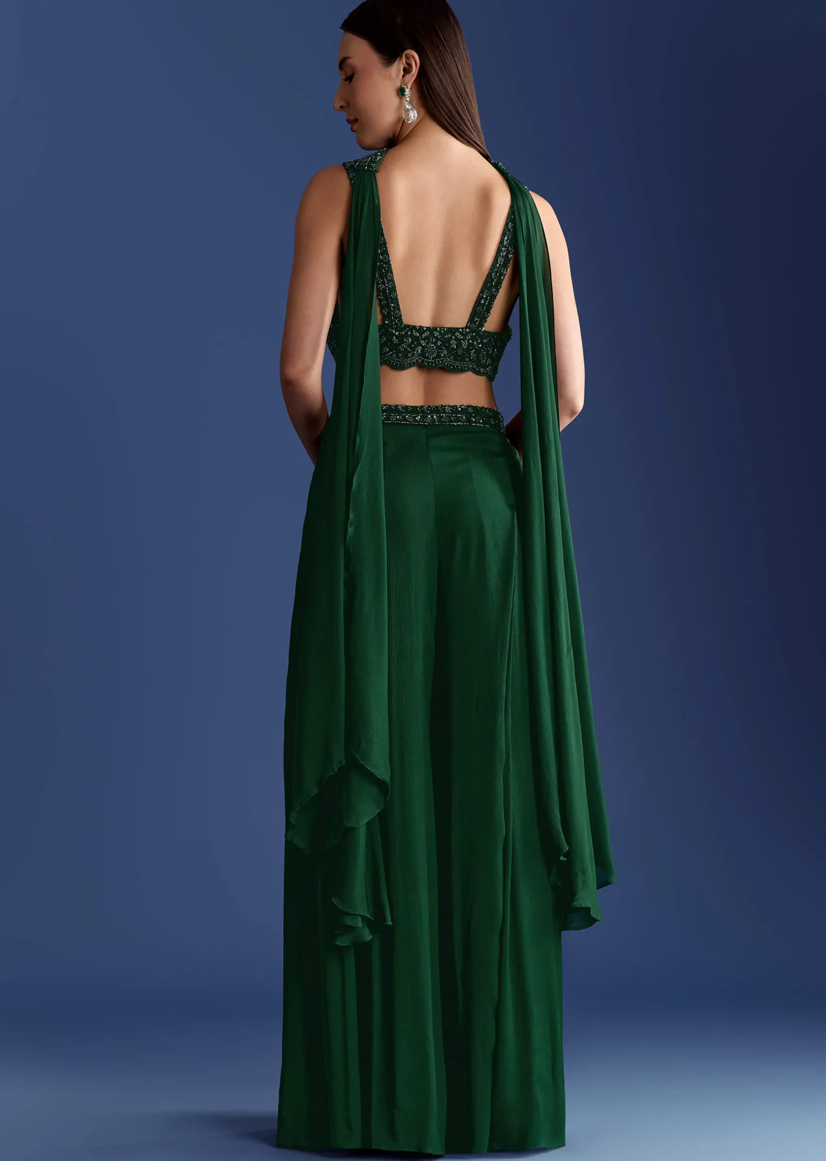Dark Green Chinon Palazzo Set With Cutdana Croptop And Choker Dupatta