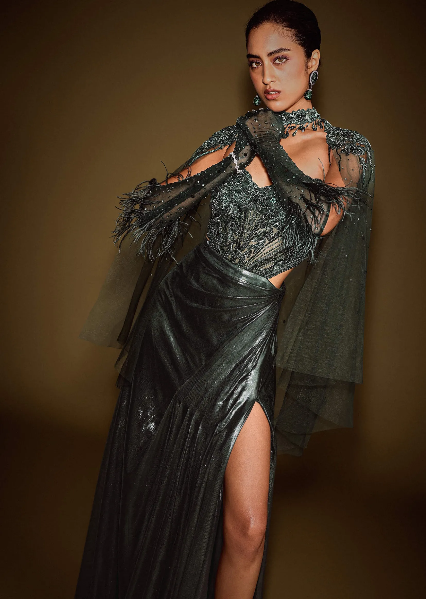 Dark Green Corset Drape Gown With Embroidered Cape