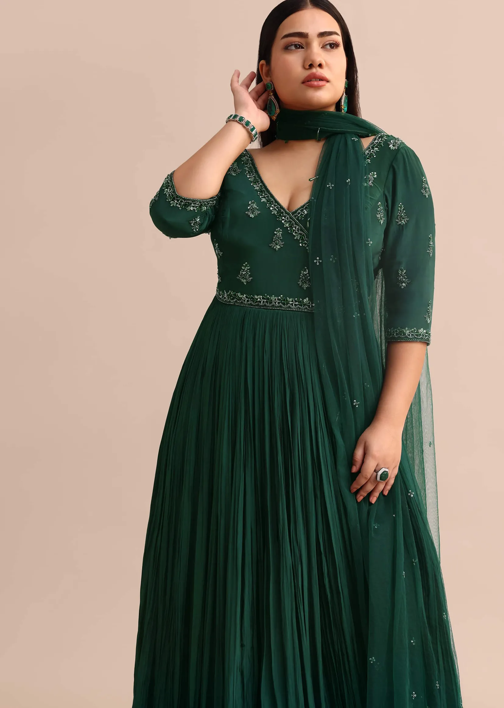 Dark Green Embroidered Anarkali Suit With Net Dupatta
