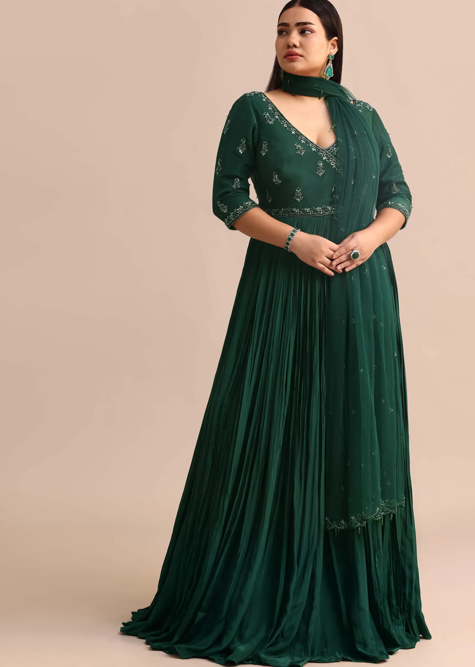 Dark Green Embroidered Anarkali Suit With Net Dupatta
