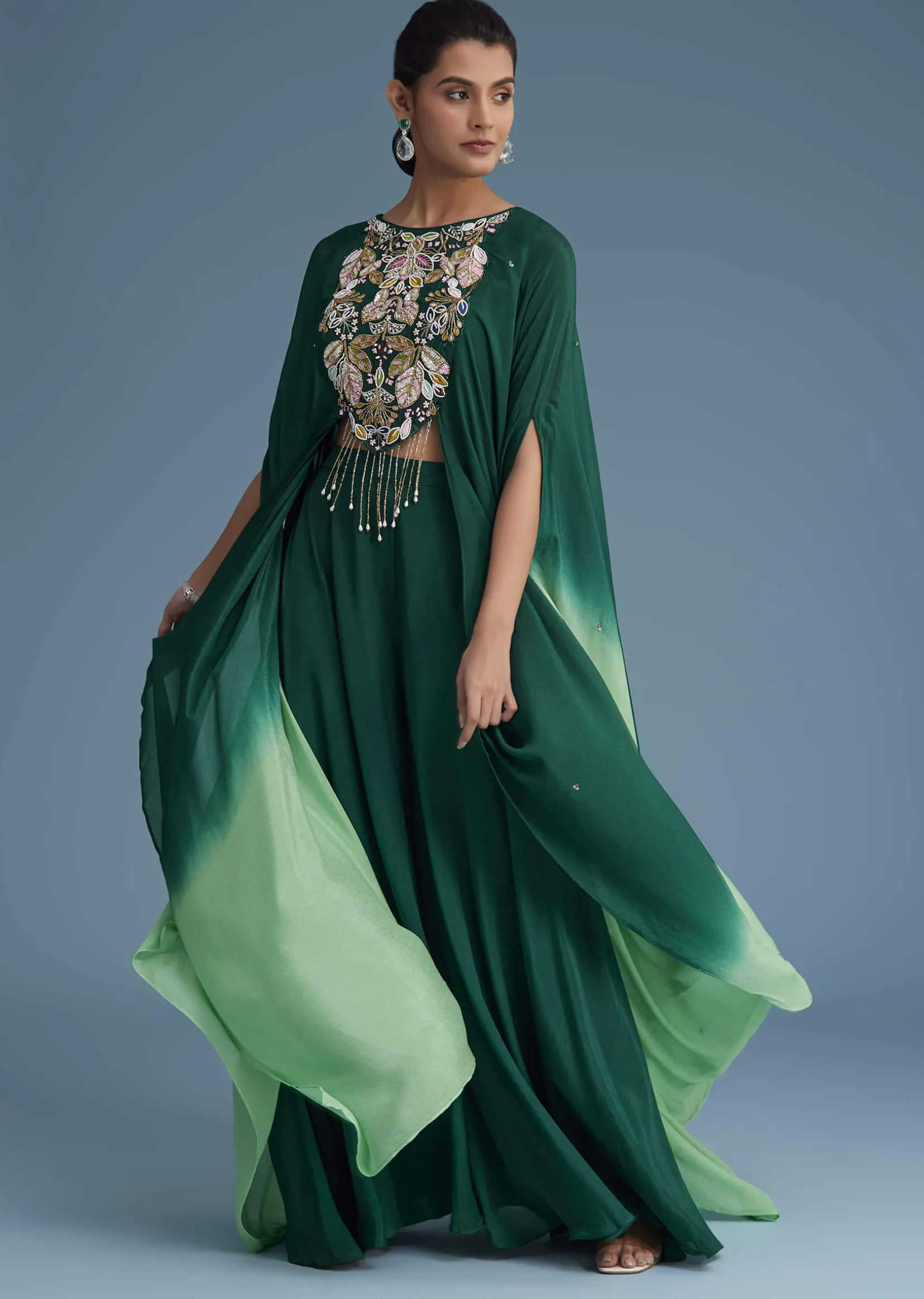 Dark Green Georgette Palazzo Set With Ombre Sleeves