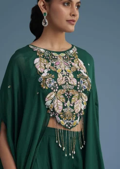 Dark Green Georgette Palazzo Set With Ombre Sleeves