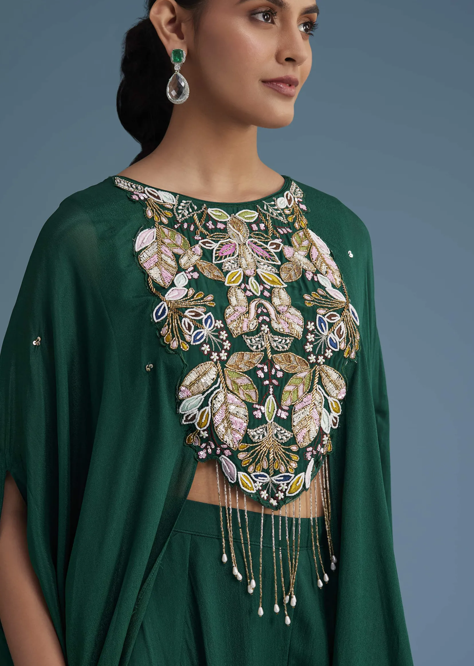 Dark Green Georgette Palazzo Set With Ombre Sleeves