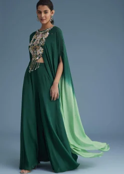 Dark Green Georgette Palazzo Set With Ombre Sleeves