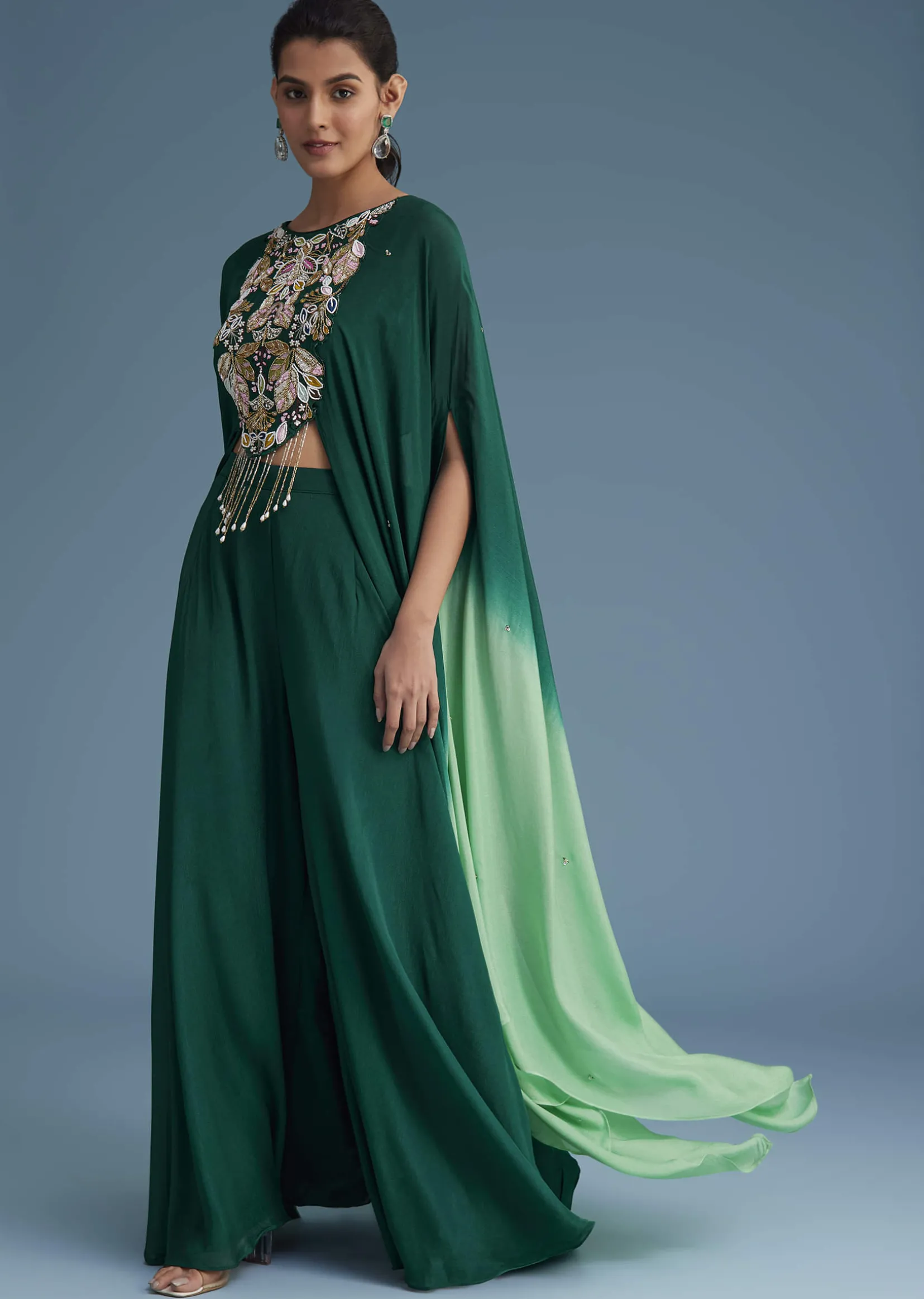 Dark Green Georgette Palazzo Set With Ombre Sleeves