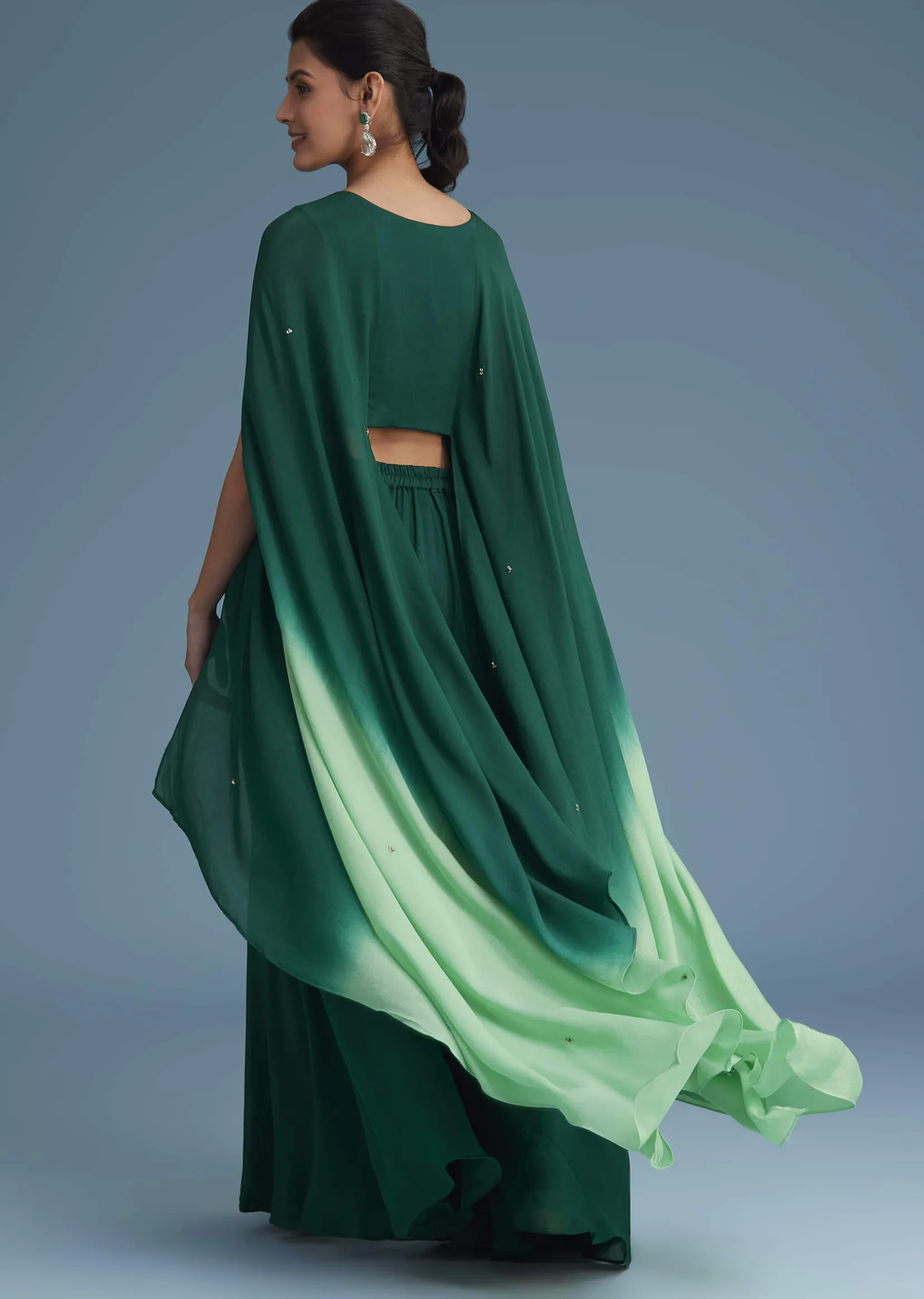 Dark Green Georgette Palazzo Set With Ombre Sleeves