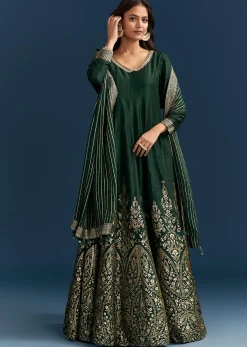Dark Green Jacquard Silk Anarkali Suit With Festive Jacket Overlay