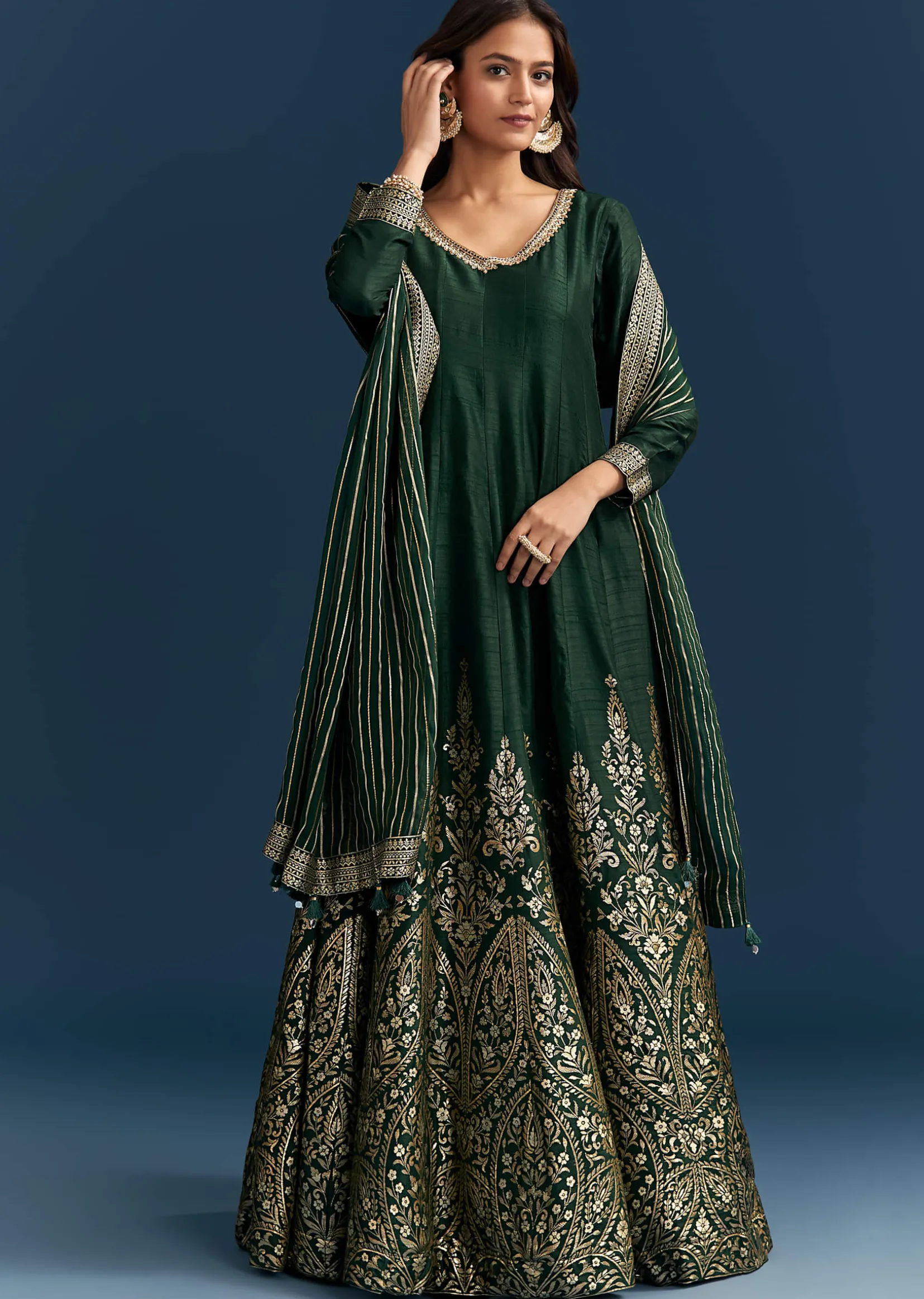 Dark Green Jacquard Silk Anarkali Suit With Festive Jacket Overlay