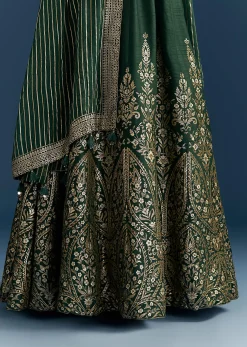 Dark Green Jacquard Silk Anarkali Suit With Festive Jacket Overlay