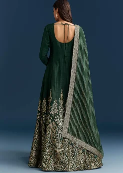 Dark Green Jacquard Silk Anarkali Suit With Festive Jacket Overlay