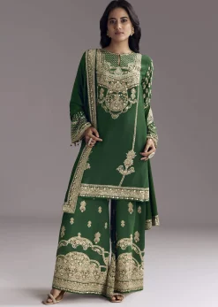 Dark Green Printed Crepe Palazzo Set With Keyhole Neckline