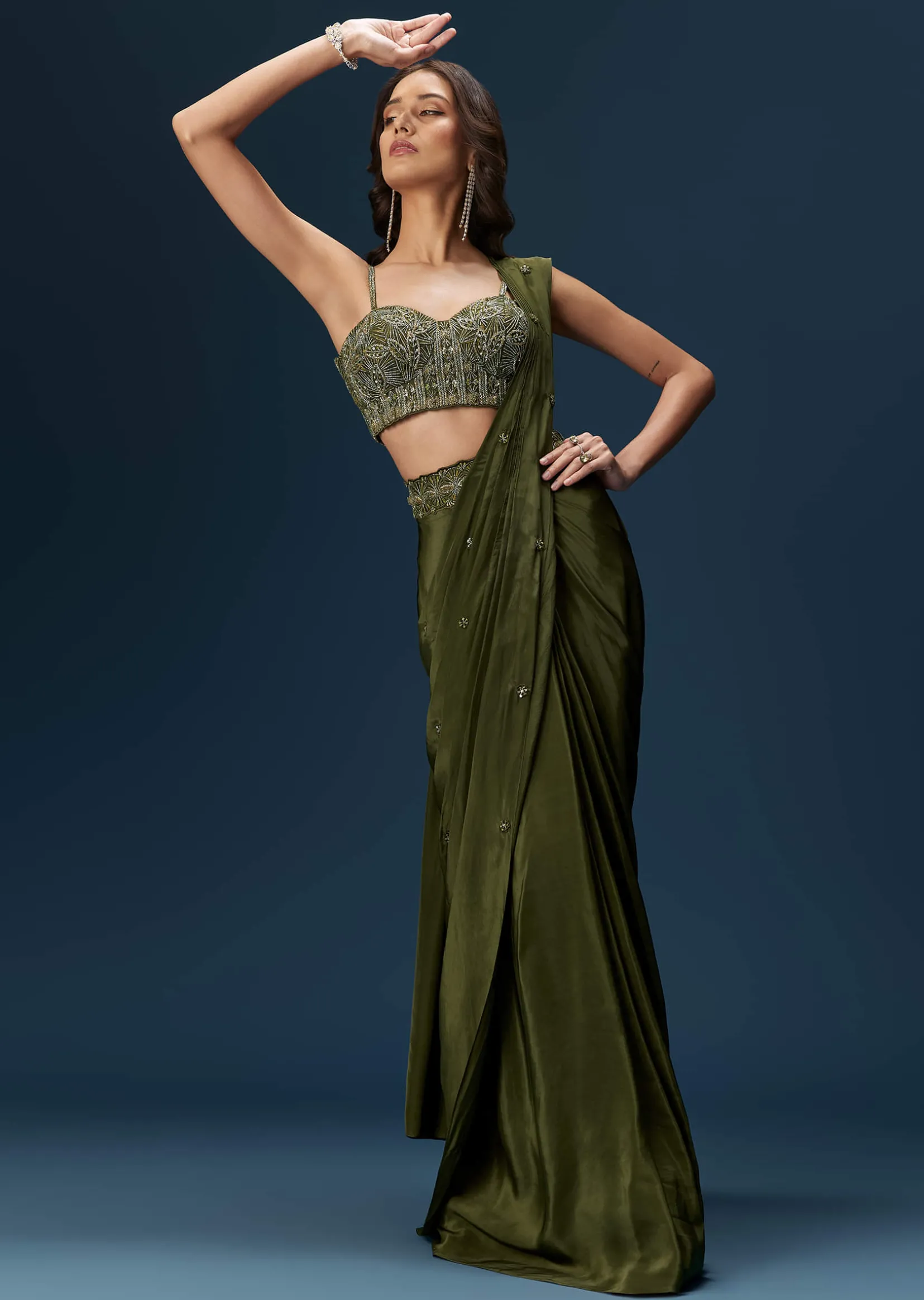 Dark Green Ready Pleated Saree With Corset Blouse