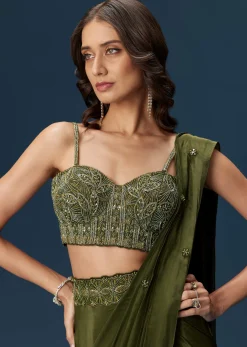 Dark Green Ready Pleated Saree With Corset Blouse
