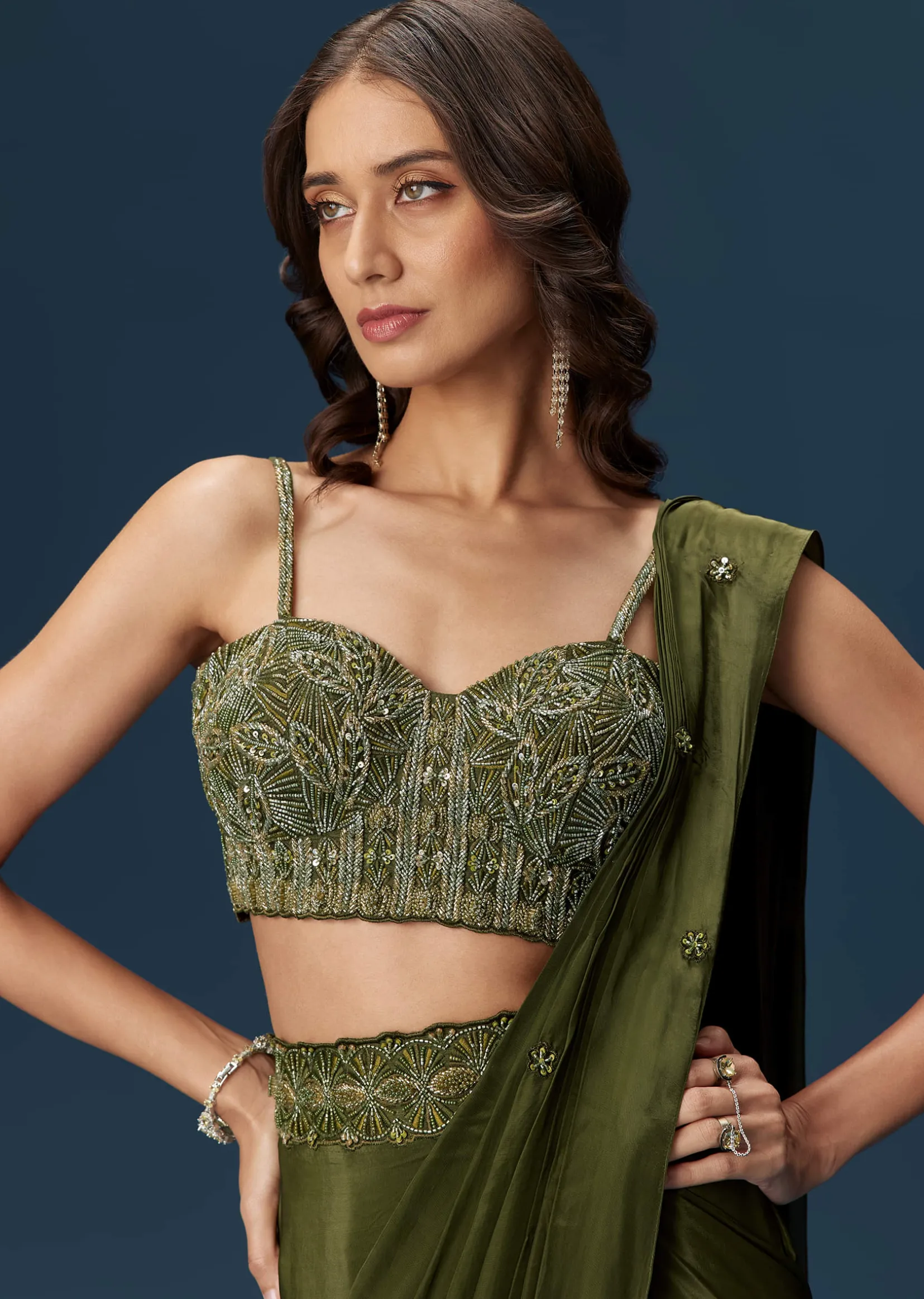 Dark Green Ready Pleated Saree With Corset Blouse