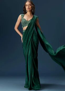 Dark Green Ready Pleated Saree With Embellished Blouse