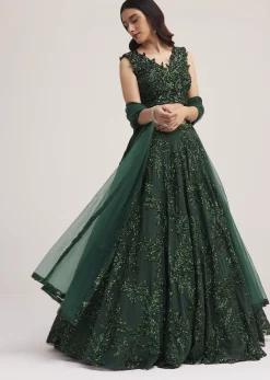 Dark Green Sequin Embellished Lehenga Set