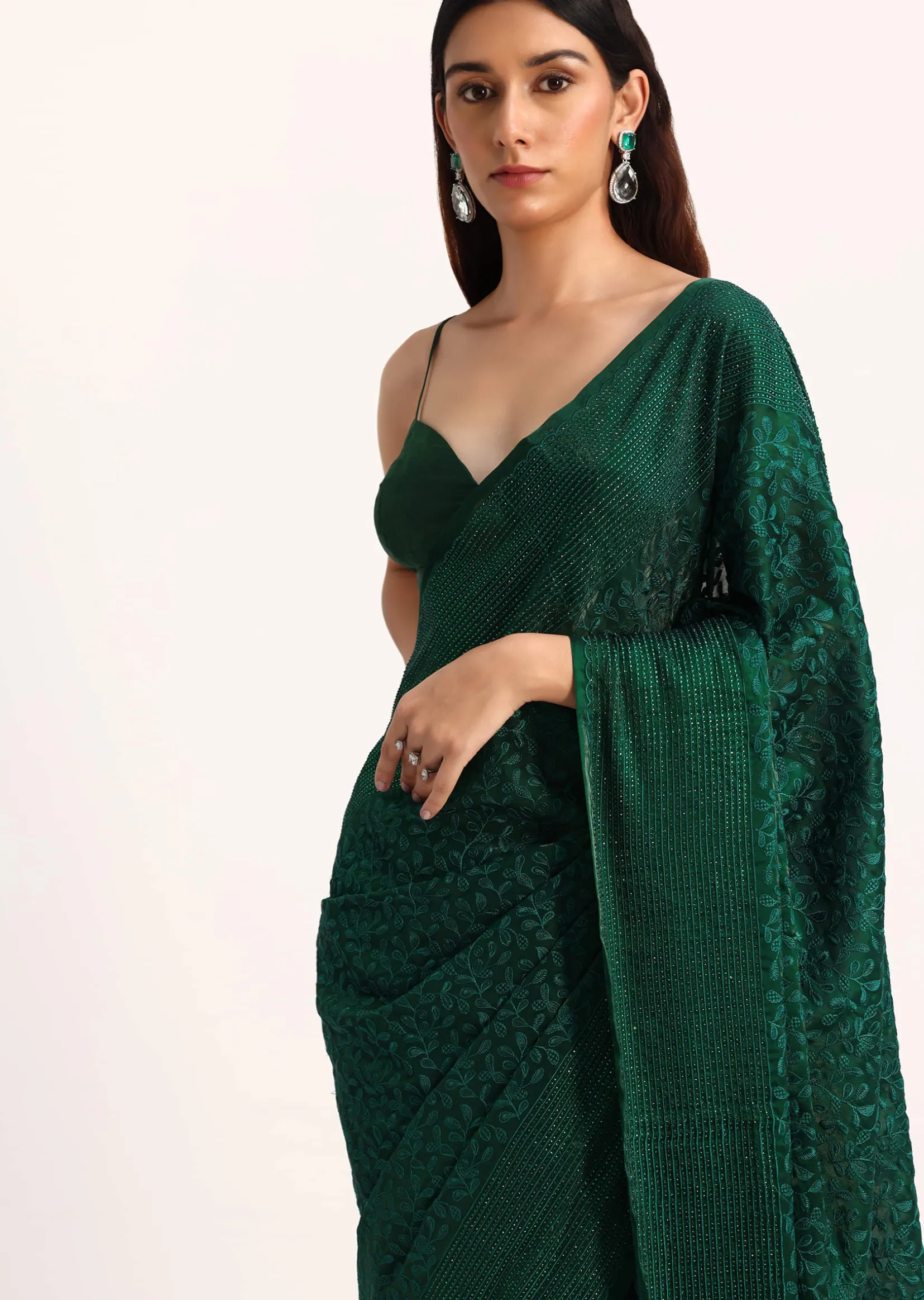 Dark Green Tissue Saree With Thread And Stone Embroidery And Unstitched Blouse