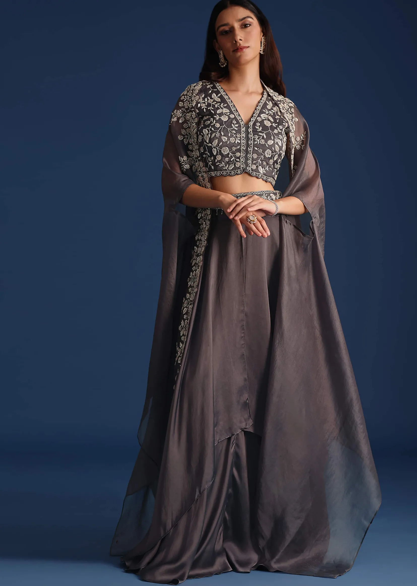 Dark Grey Asymmetric Organza Jacket With Crop Top And Draped Skirt