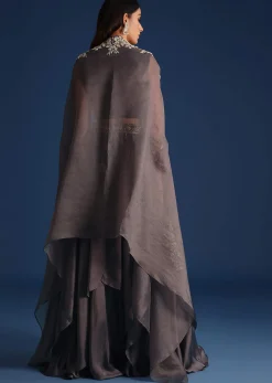Dark Grey Asymmetric Organza Jacket With Crop Top And Draped Skirt