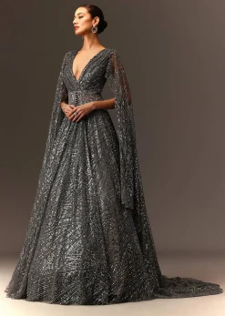Dark Grey Sequins Gown With Attached Cape Sleeves