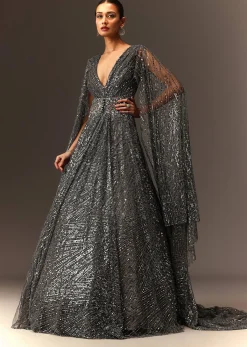 Dark Grey Sequins Gown With Attached Cape Sleeves