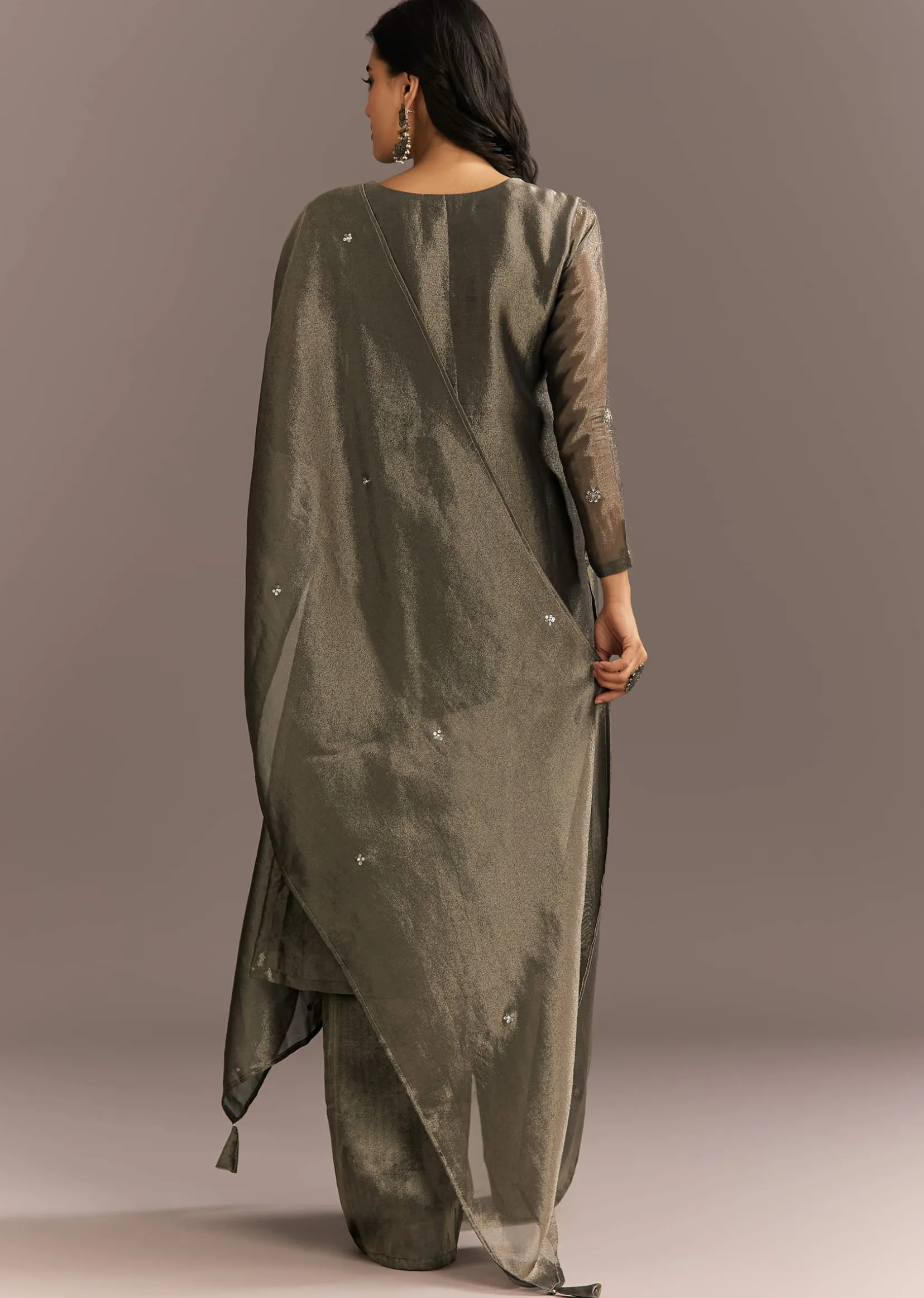 Dark Grey Tissue Kurta Pant Set With Butti Dupatta