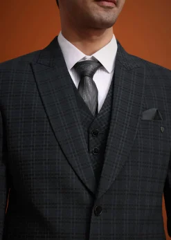 Dark Grey Tuxedo And Pant Set With Checkered Detail