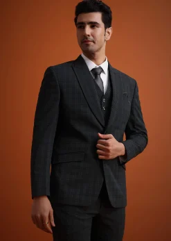 Dark Grey Tuxedo And Pant Set With Checkered Detail