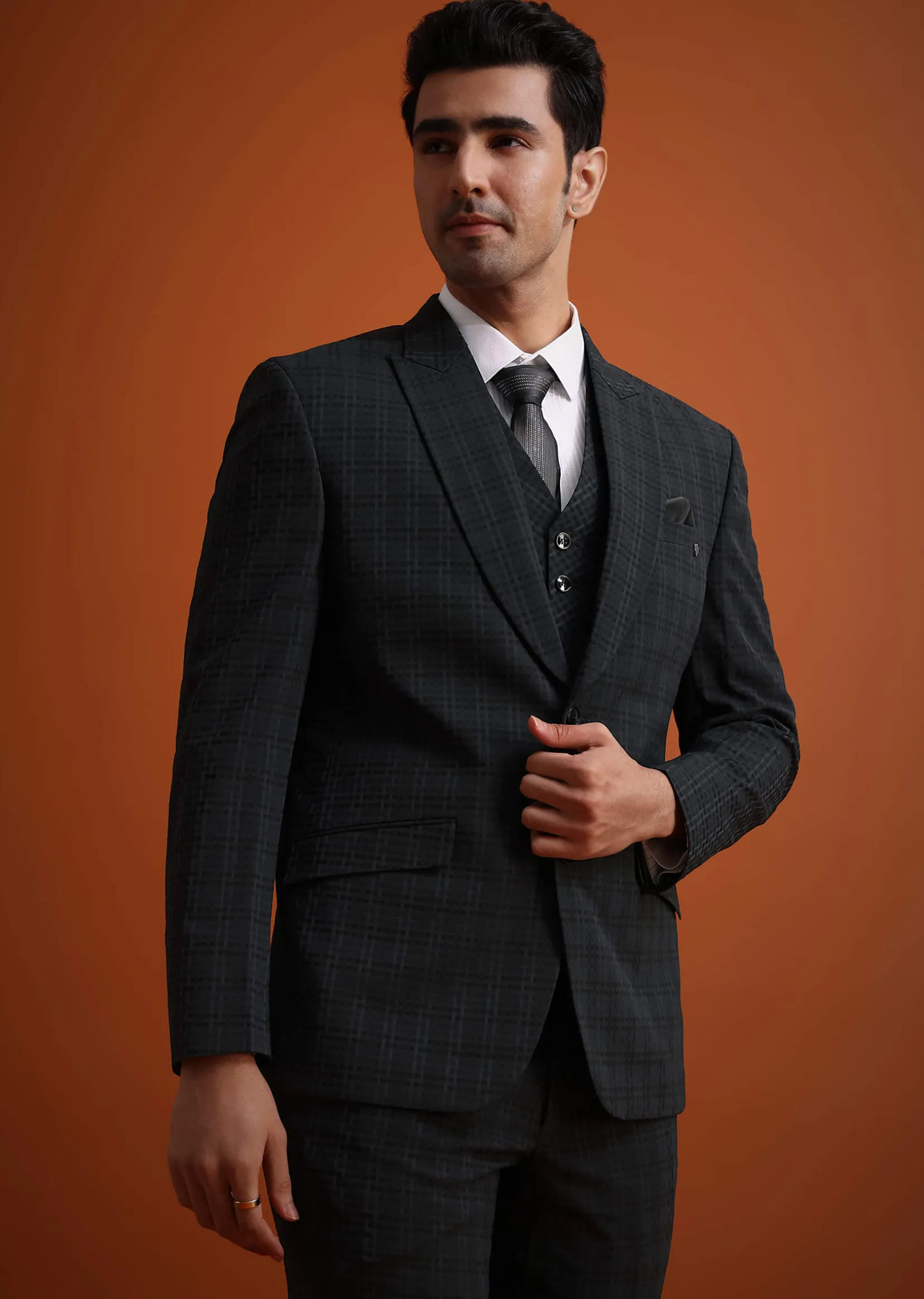 Dark Grey Tuxedo And Pant Set With Checkered Detail