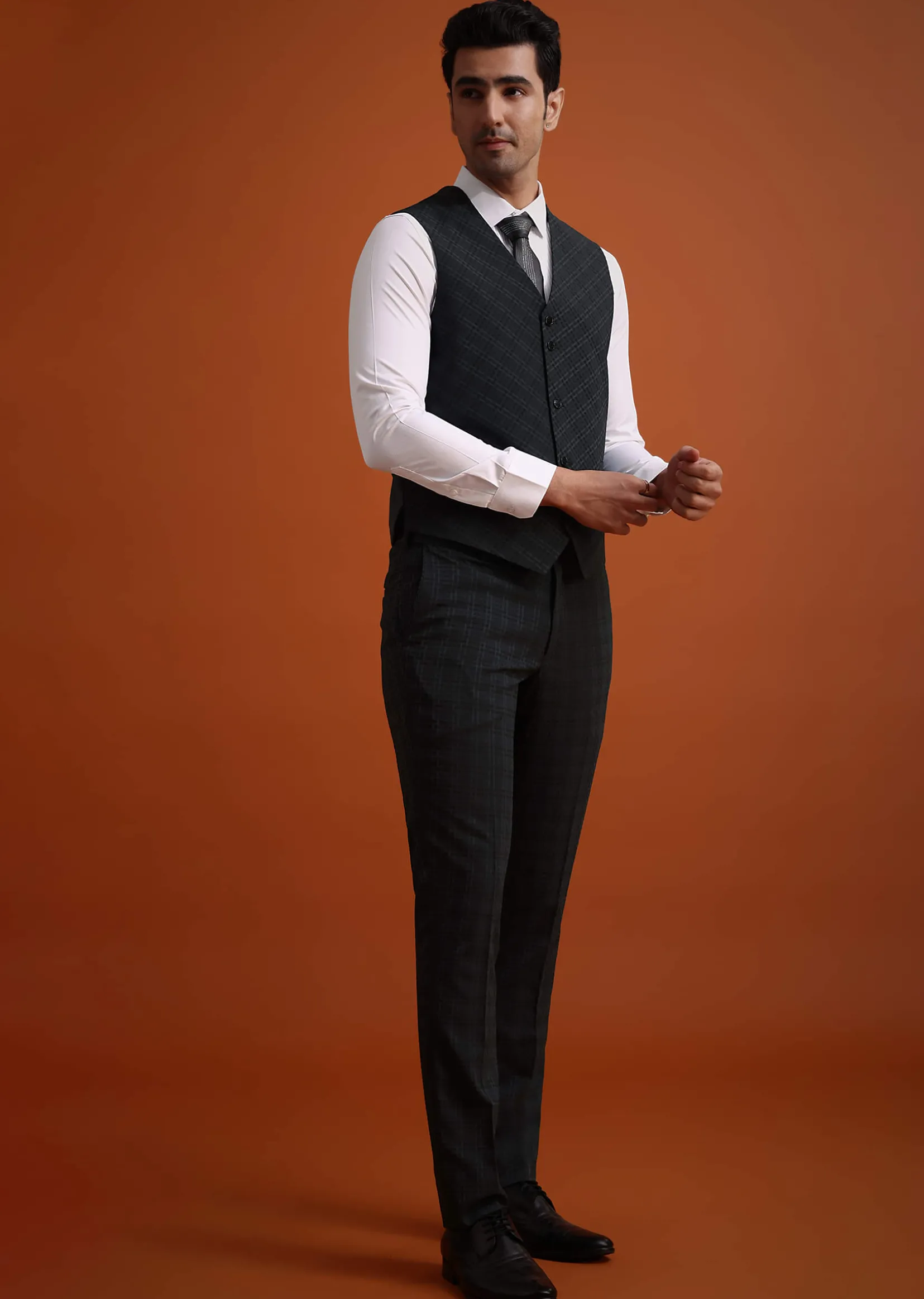 Dark Grey Tuxedo And Pant Set With Checkered Detail