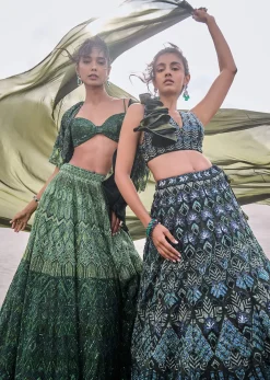 Dark Olive Green 3D Embroidered Lehenga Set With One Side Ruffle Trail