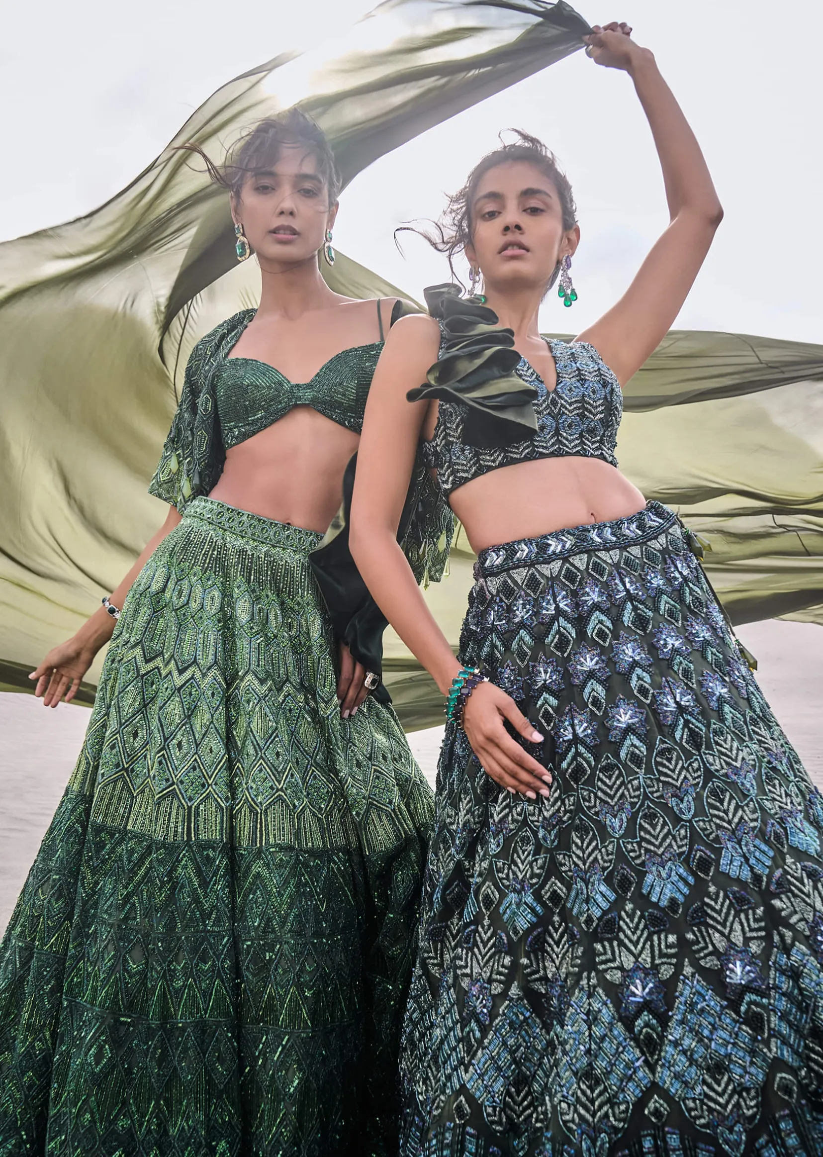 Dark Olive Green 3D Embroidered Lehenga Set With One Side Ruffle Trail