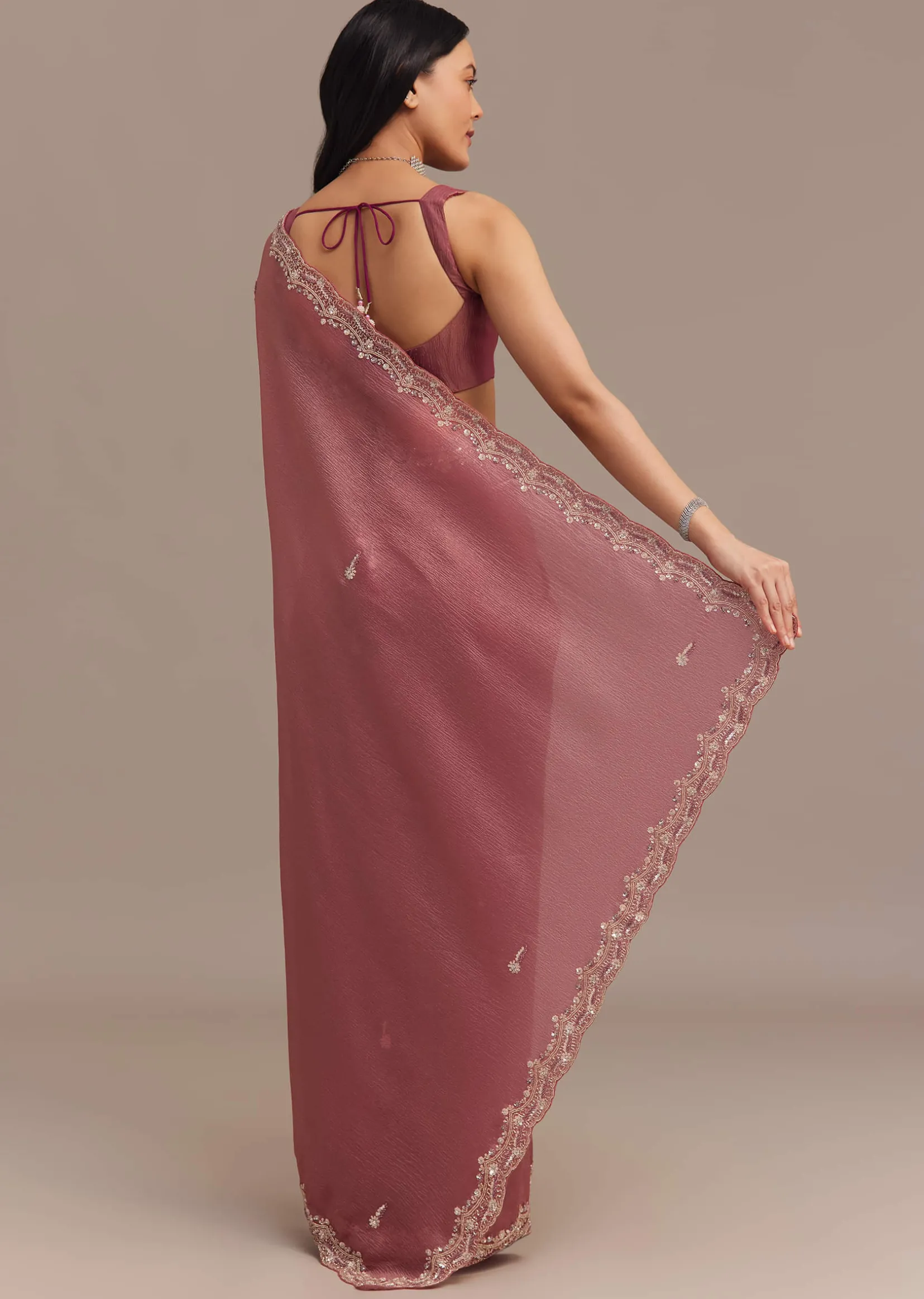 Dark Onion Pink Crushed Tissue Saree With Sequins And Cutdana Embroidery