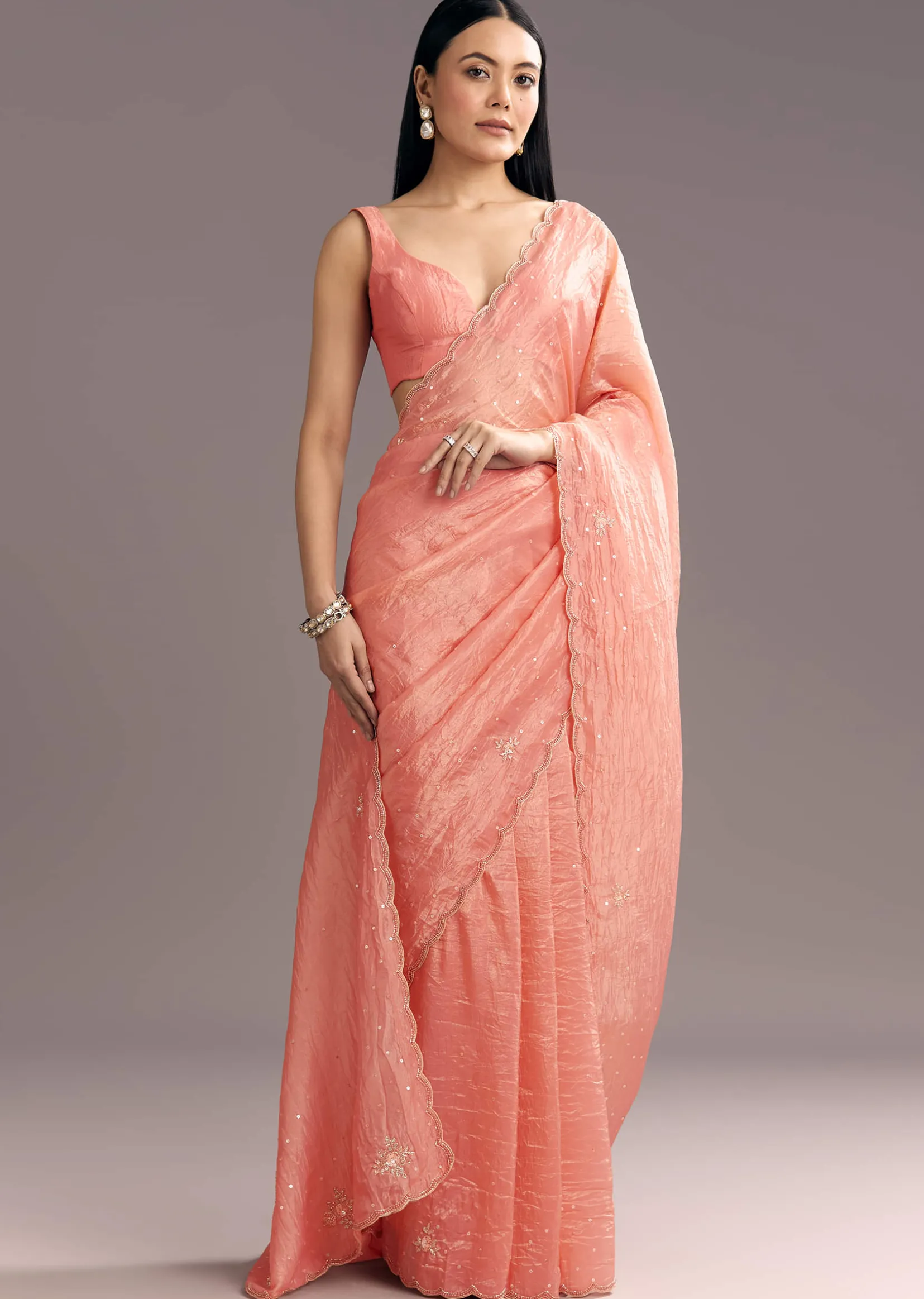 Dark Peach Crushed Tissue Embroidered Saree With Scallop Border