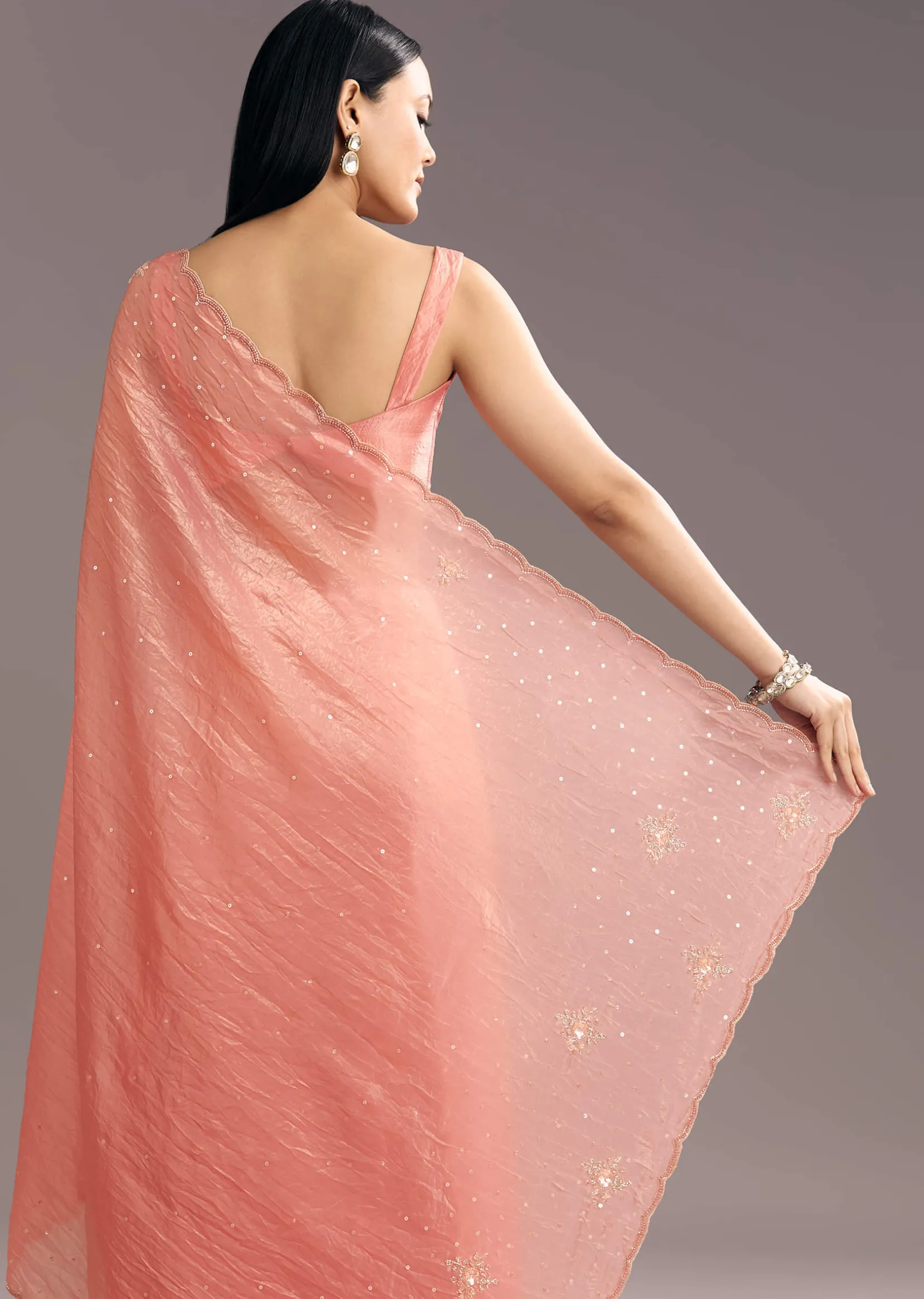Dark Peach Crushed Tissue Embroidered Saree With Scallop Border