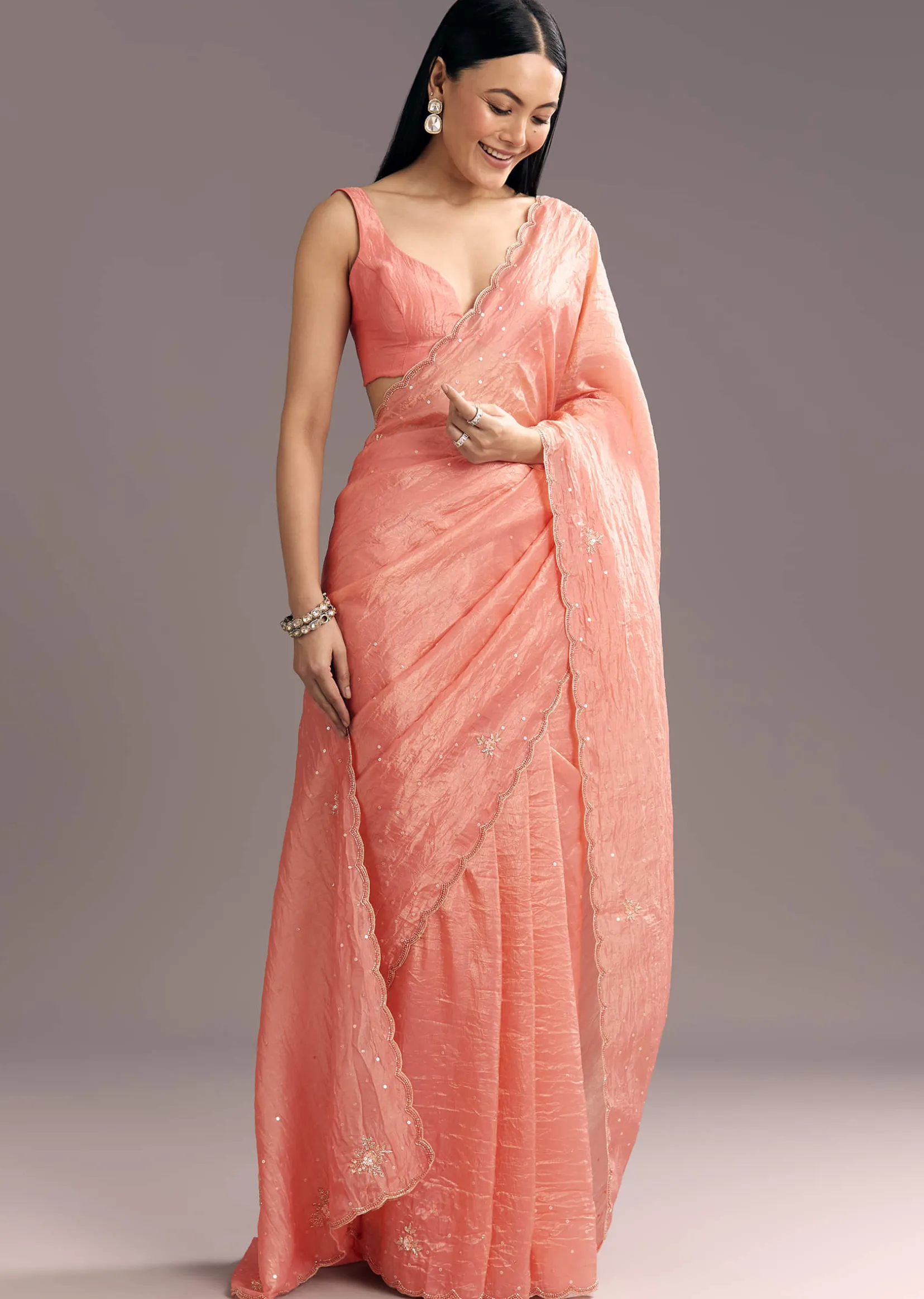 Dark Peach Crushed Tissue Embroidered Saree With Scallop Border