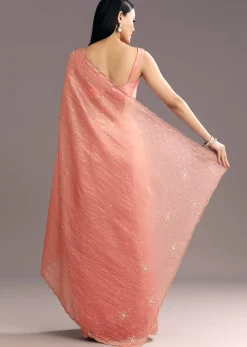 Dark Peach Crushed Tissue Embroidered Saree With Scallop Border