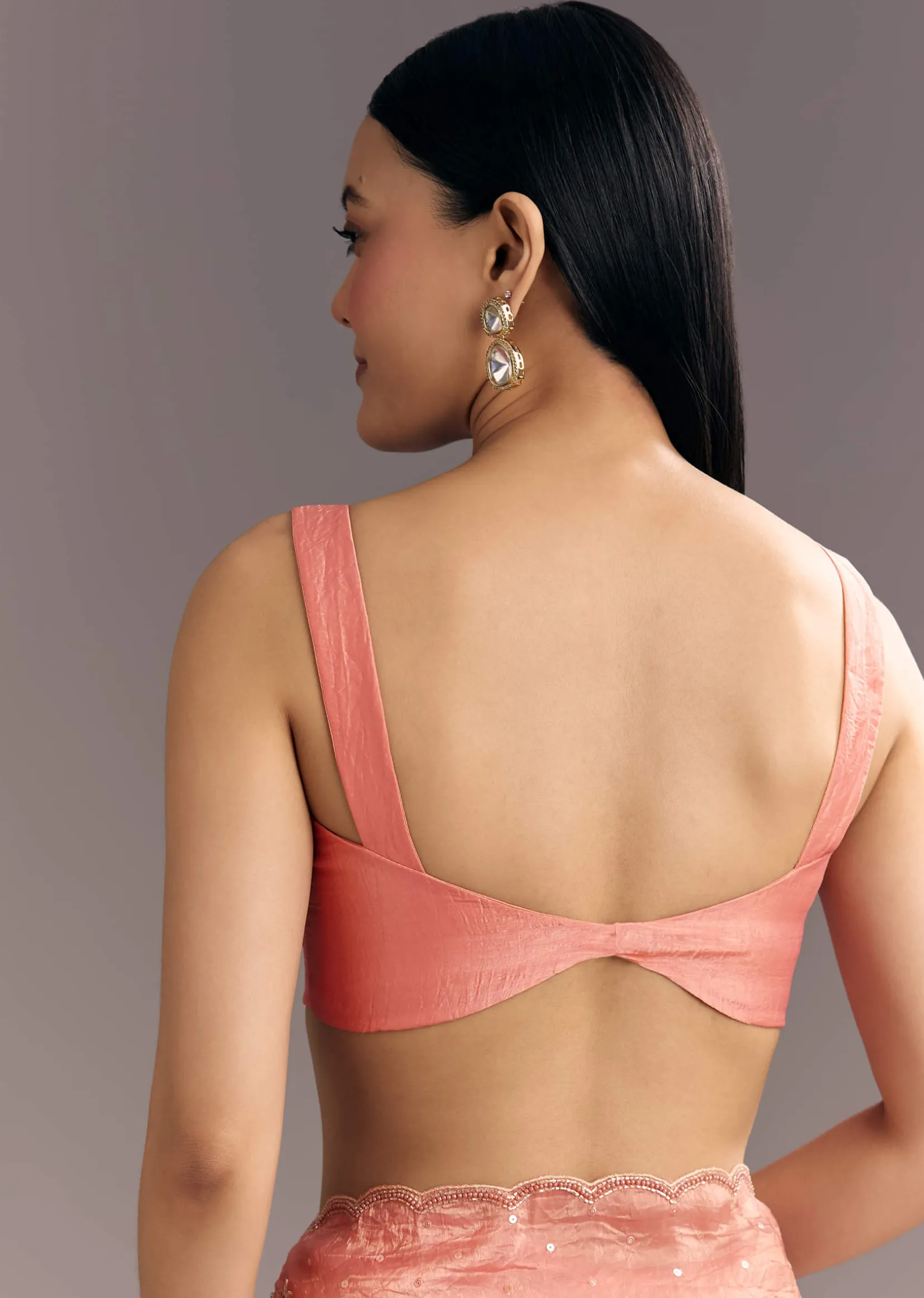 Dark Peach Crushed Tissue Embroidered Saree With Scallop Border