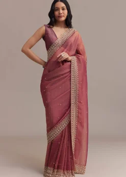 Dark Peach Crushed Tissue Saree With Cutdana And Sequins Border