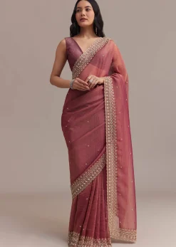 Dark Peach Crushed Tissue Saree With Cutdana And Sequins Border