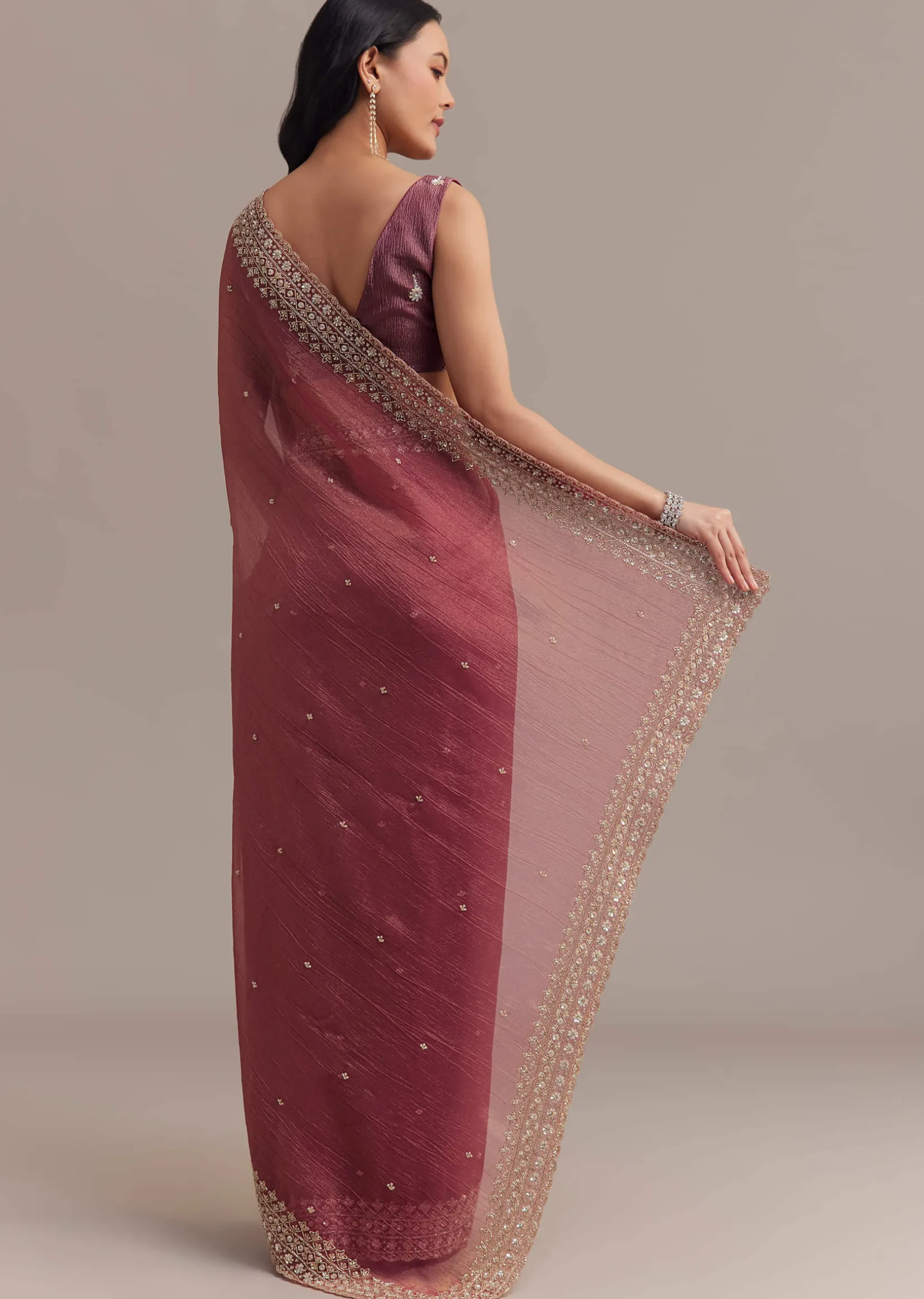 Dark Peach Crushed Tissue Saree With Cutdana And Sequins Border