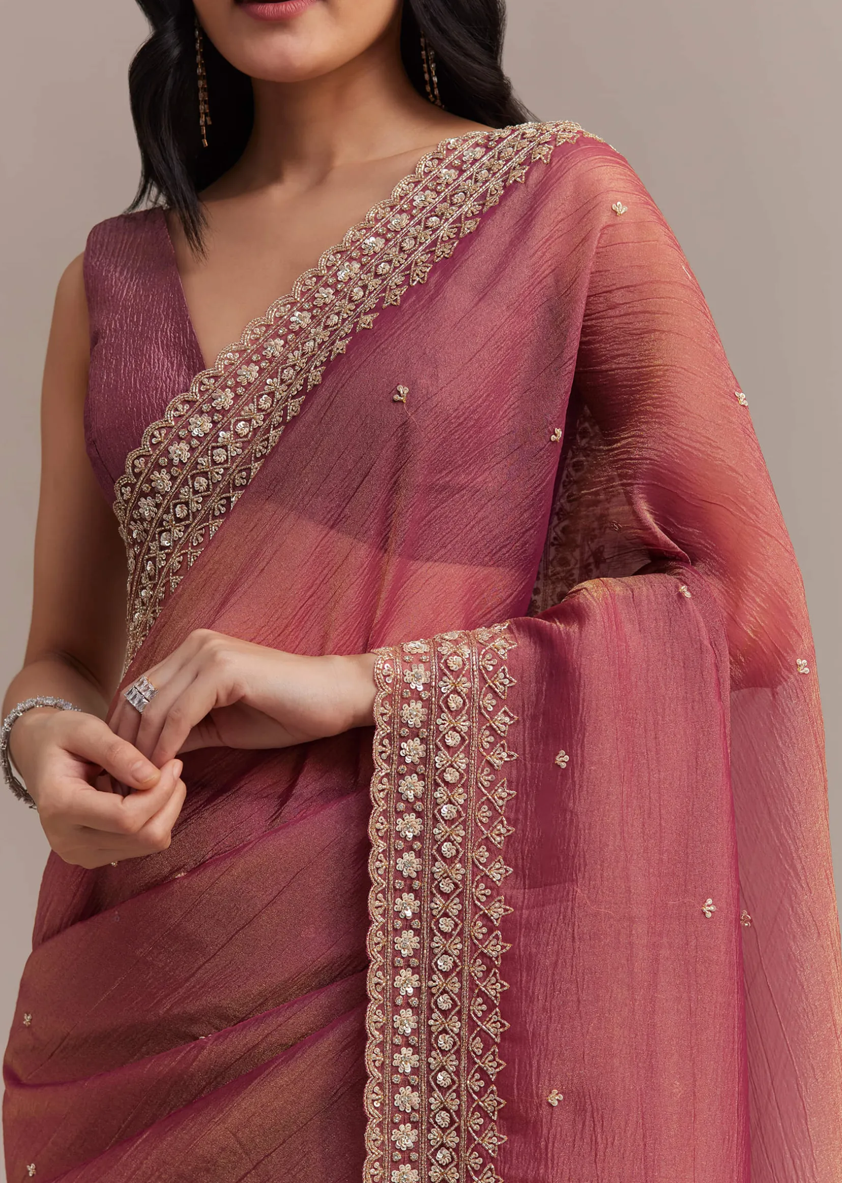 Dark Peach Crushed Tissue Saree With Cutdana And Sequins Border