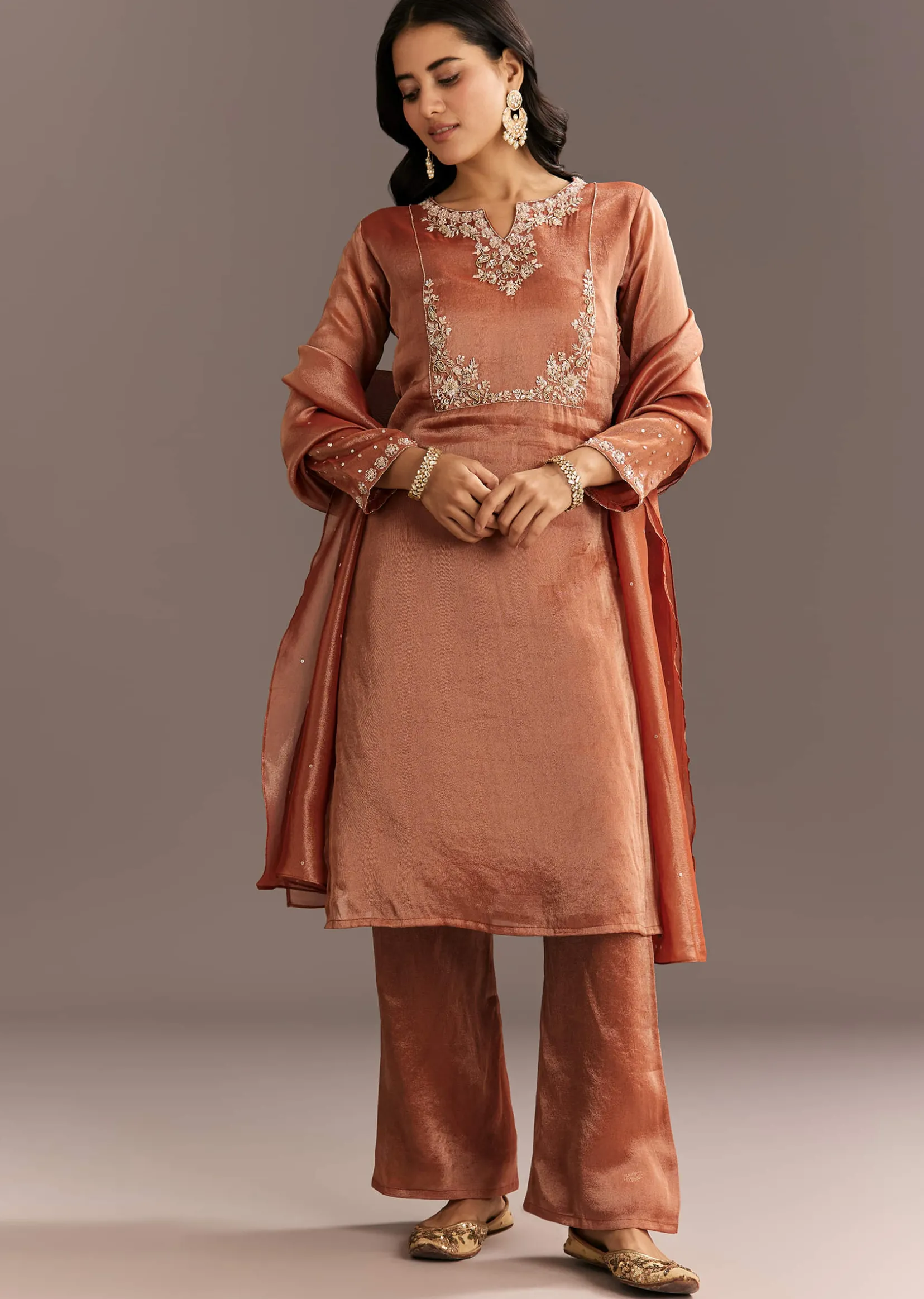 Dark Peach Organza Tissue Kurta Pant With Embroidered Dupatta