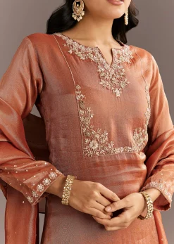 Dark Peach Organza Tissue Kurta Pant With Embroidered Dupatta