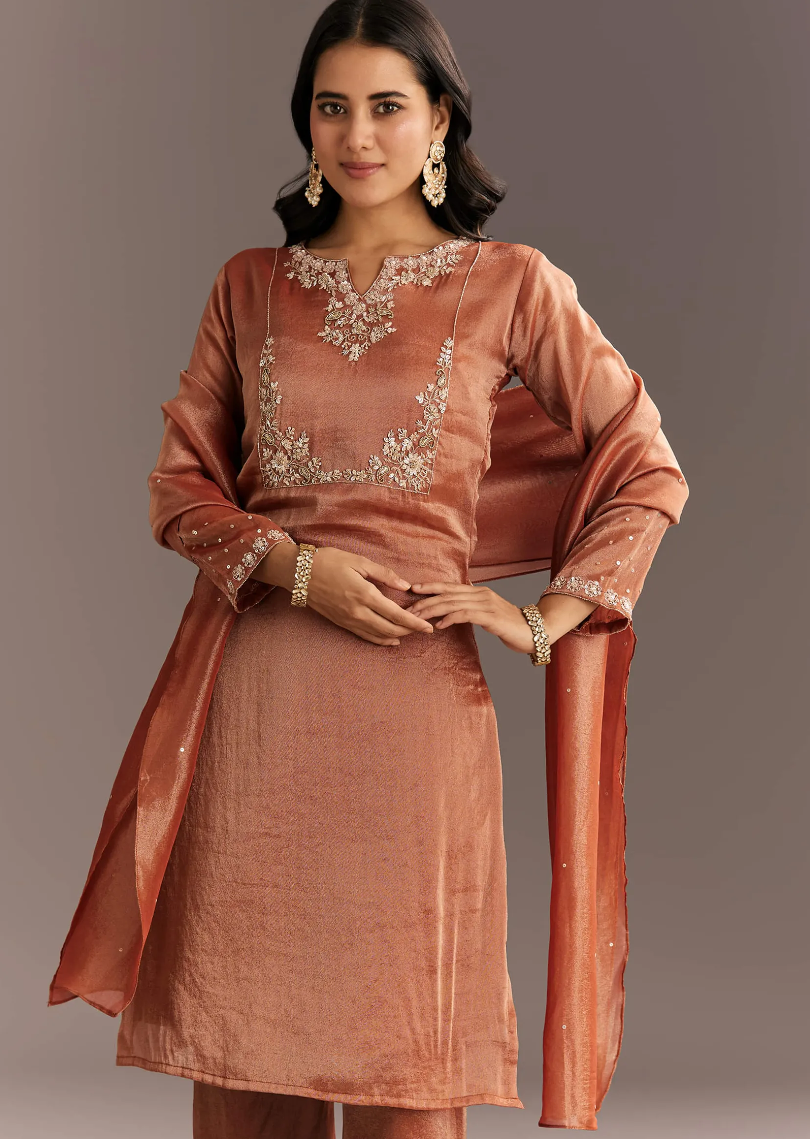 Dark Peach Organza Tissue Kurta Pant With Embroidered Dupatta