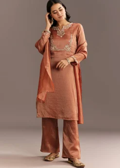 Dark Peach Organza Tissue Kurta Pant With Embroidered Dupatta