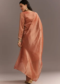 Dark Peach Organza Tissue Kurta Pant With Embroidered Dupatta